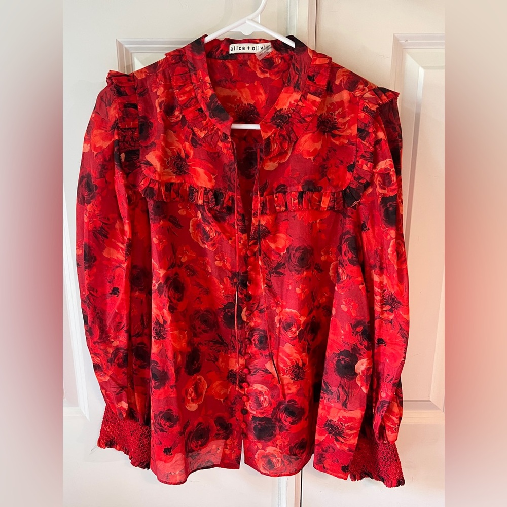 Alice + Olivia Red Puff Sleeve Blouse with Bib Collar